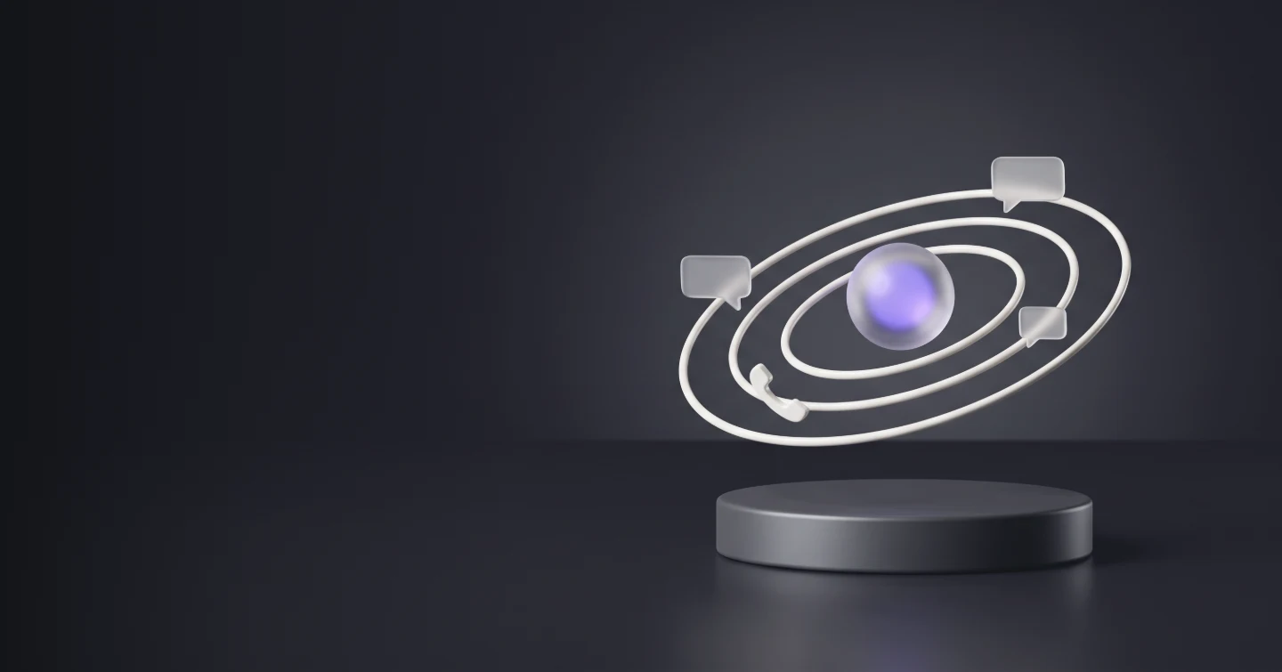 A glowing orb above a pedestal, circled by rings carrying chat bubbles and a telephone handset