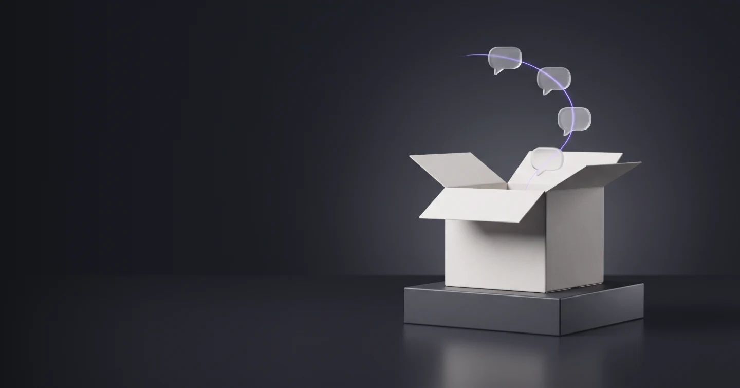An open parcel box with a chain of glass chat bubbles rising from it, like automated order messages