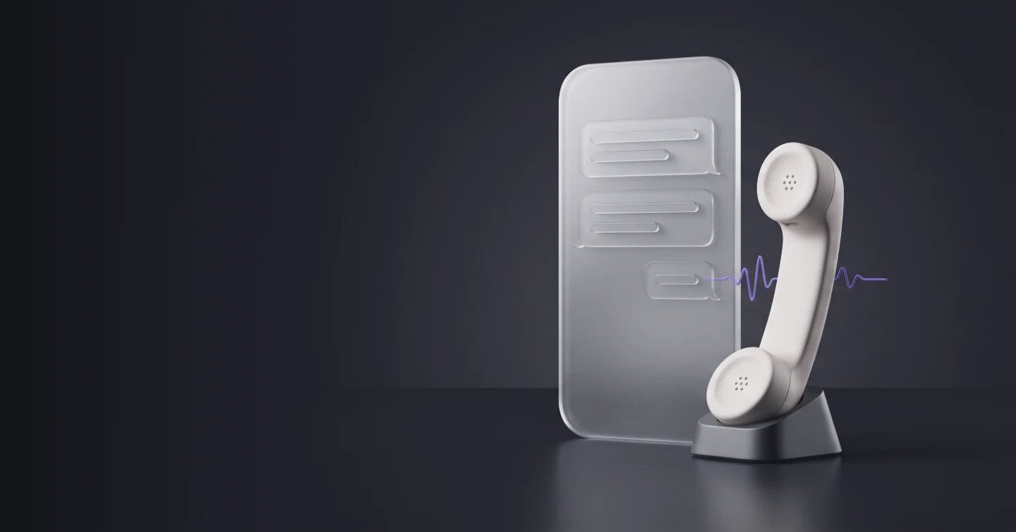 A telephone handset in a cradle next to a glass chat thread, joined by a sound wave