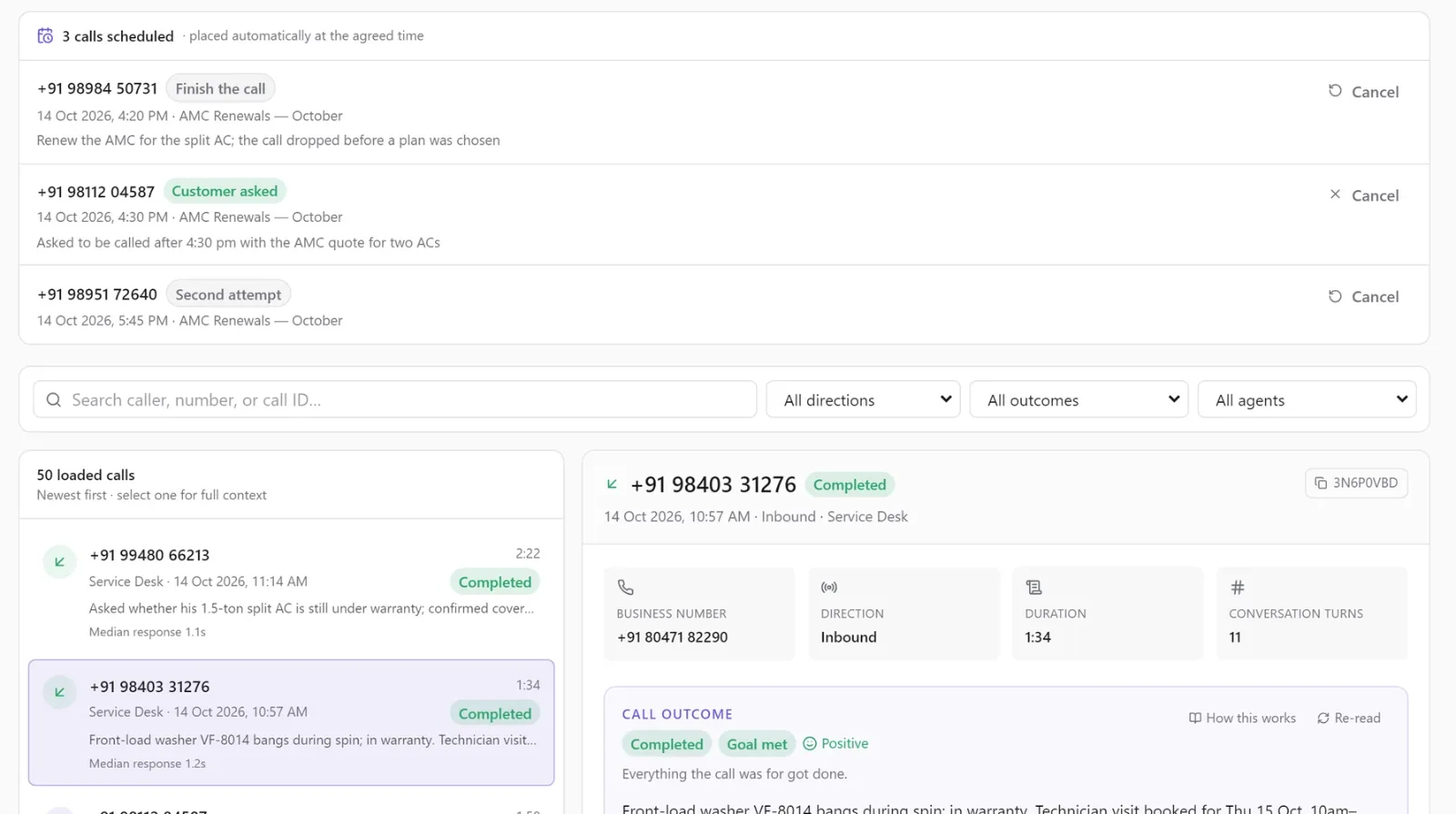 Adya by Amomic-AI call log listing inbound and outbound calls, scheduled callbacks and the outcome of each call, with one call opened to show its result