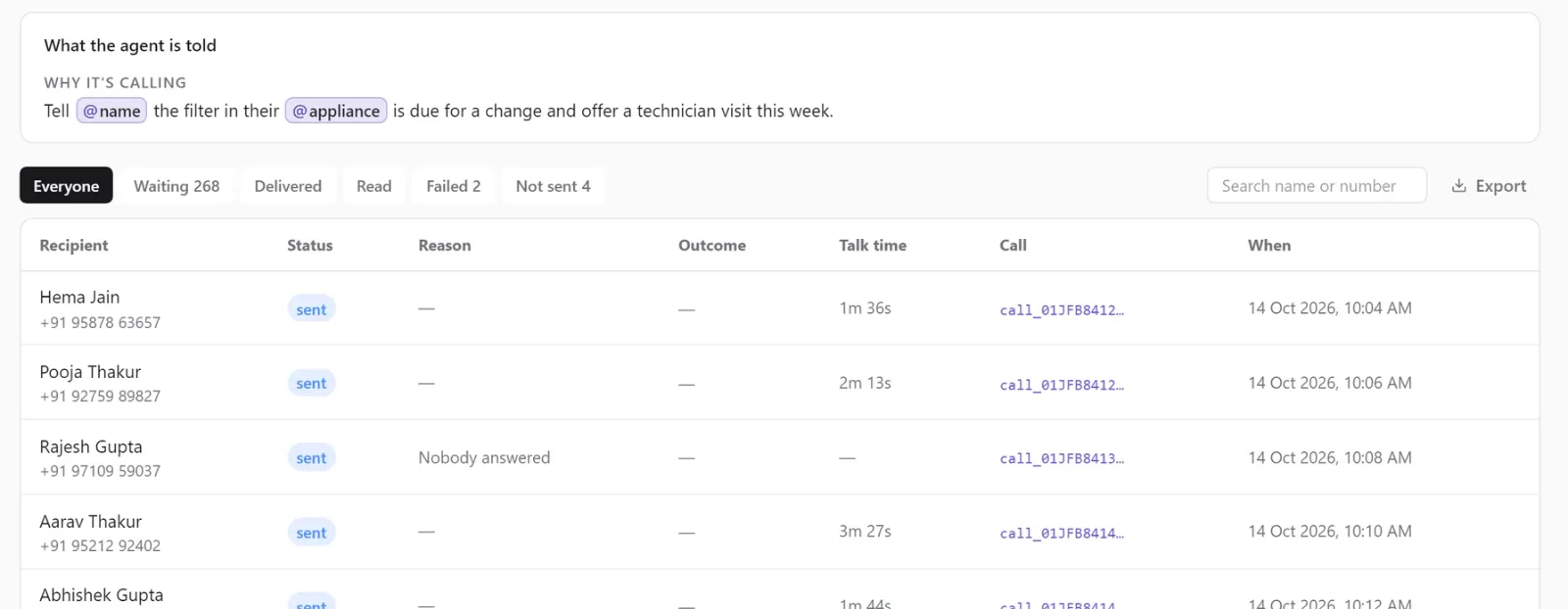 Adya by Amomic-AI campaign call report showing what the AI agent was told to say on the calls, and a row for each recipient with status, reason, outcome, talk time and a link to the call