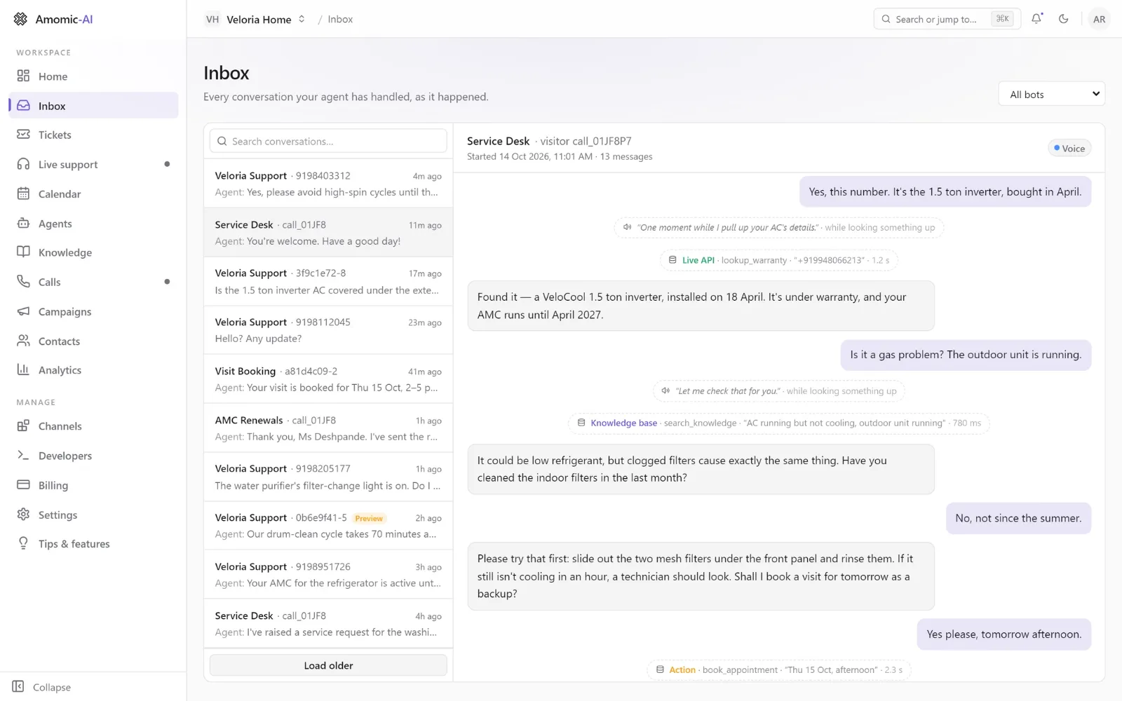 Adya by Amomic-AI inbox showing a phone call transcript where the AI agent looks up a warranty through a live API, searches the knowledge base and books an appointment