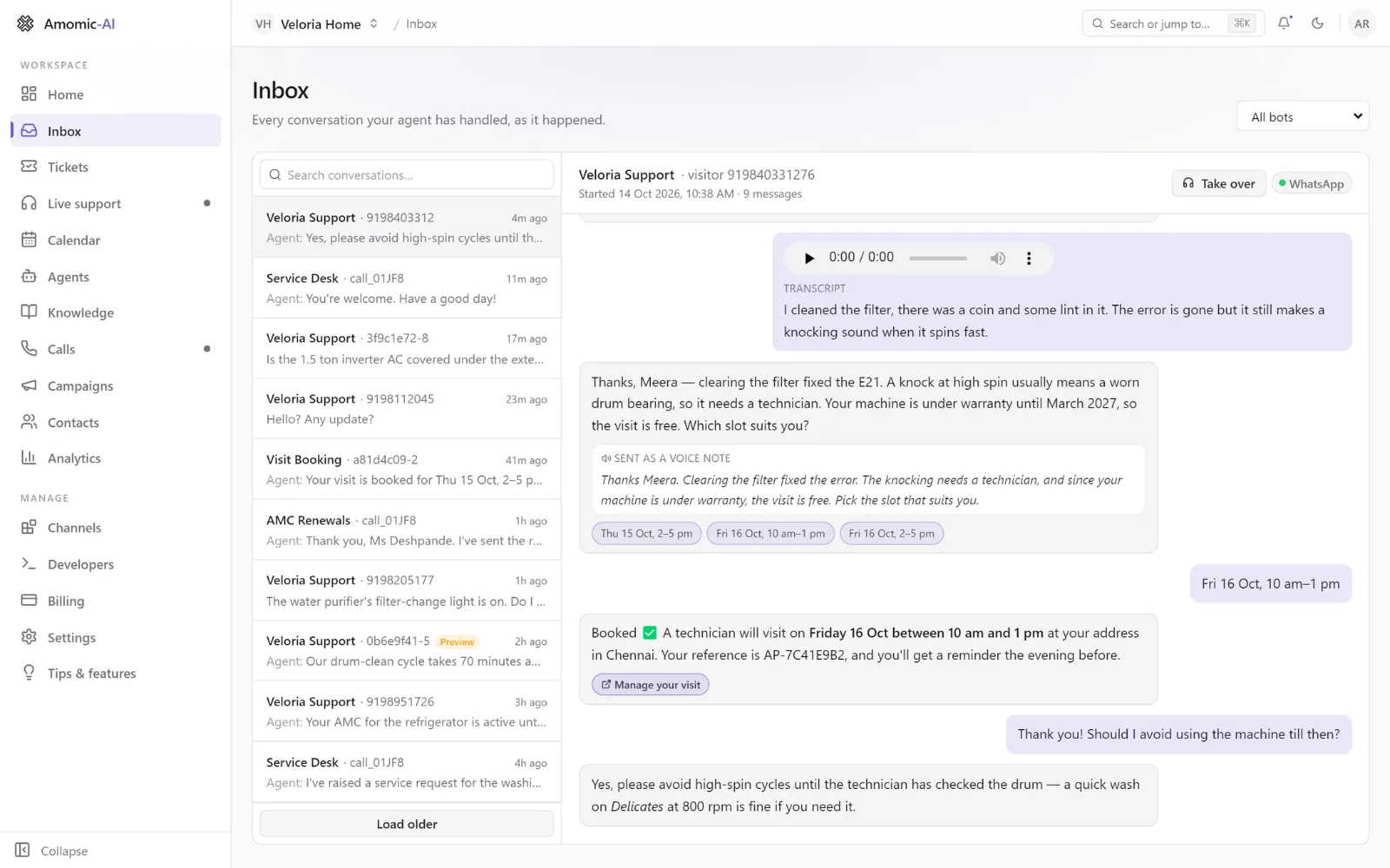 Adya by Amomic-AI inbox showing a WhatsApp conversation in which the AI agent reads a customer's voice note, offers three visit slots and books a technician